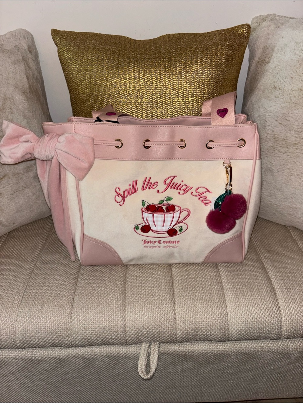 Juicy Couture Pink and Cream 'Spill the Juicy Tea' Tote with Bow Charm